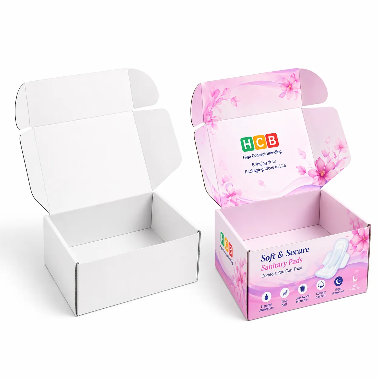 Two open mailing boxes, one plain white and one with pink floral feminine hygiene branding. class=